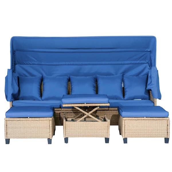 4-Piece Wicker Patio Conversation Set with Blue Cushions, Retractable Canopy and Lifting Table