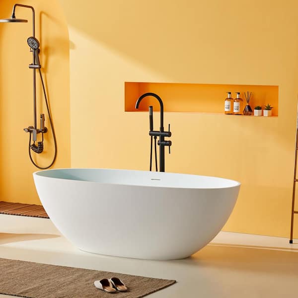 65 in. x 29.5 in. Freestanding Soaking Solid Surface Bathtub with Center Drain in Matte White