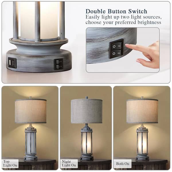 25 in. Gray Rustic Vintage Lantern Table Lamp with 2 Bulbs