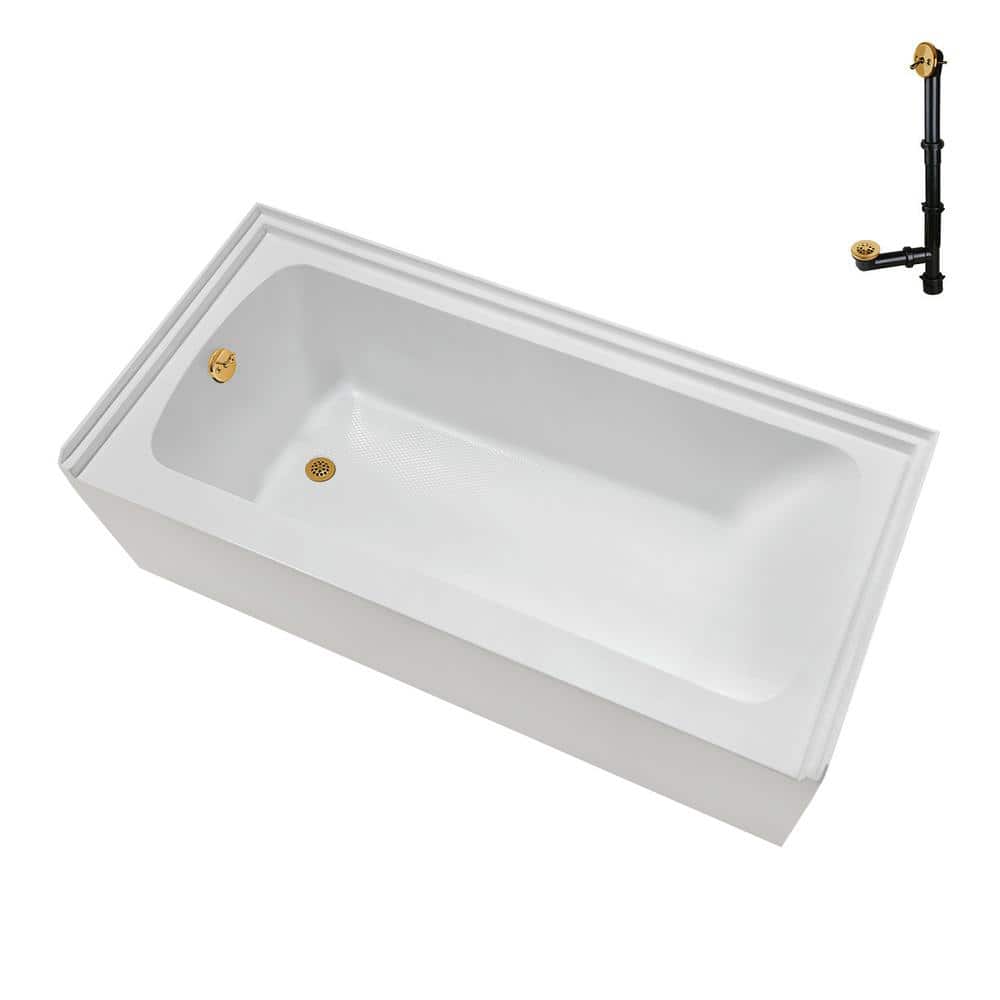 Glossy White Acrylic Alcove Bathtub with Brushed Gold Trim
