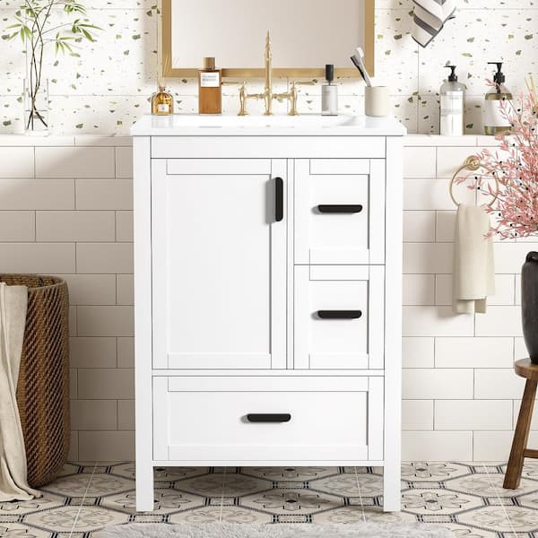 24 in. W Single Sink Freestanding White Solid Wood Frame Bath Vanity with White Ceramic Top, Double-Layer Door Shelf