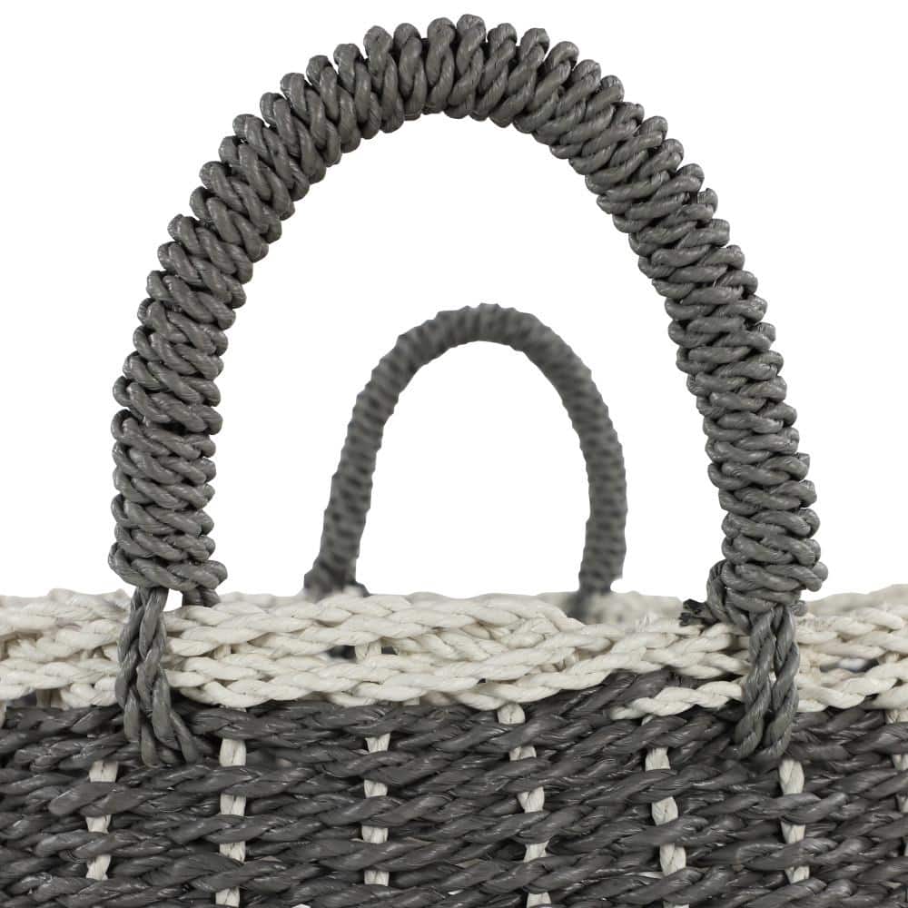 Gray and Beige Round Woven Plastic Storage Baskets, Set of 3