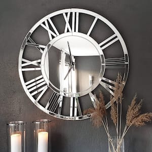 Contemporary Silver Analog Mirrored Roman Numerals Wall Clock