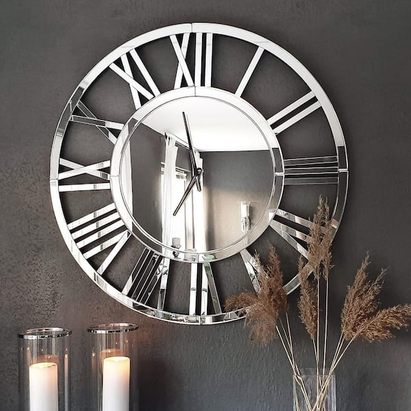 THKSHOUZ Contemporary Silver Analog Mirrored Roman Numerals Wall Clock