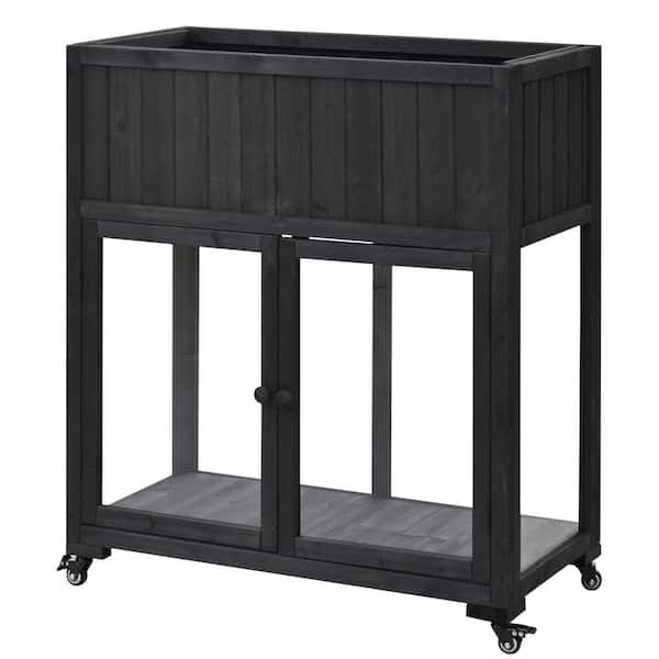 Unbranded Patio 35.4" x 17.7" x 37.4" Mini Wood Cold Frame, Compact 2 Doors Garden Greenhouse with Wheels, Liner Raised Bed,Black