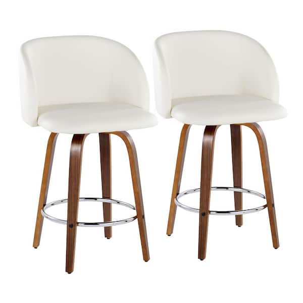Fran 25" Walnut Wood and White Faux Leather Fixed-Height Counter Stool with Chrome Round Footrest (Set of 2) LYW