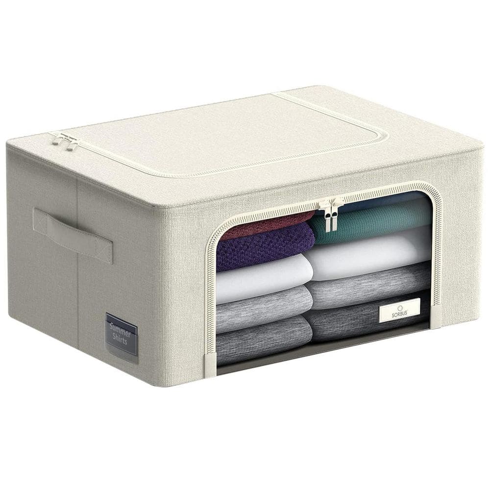 Storage Bins, Organizers with Metal Frame, Handles, and Window, Beige 15.75