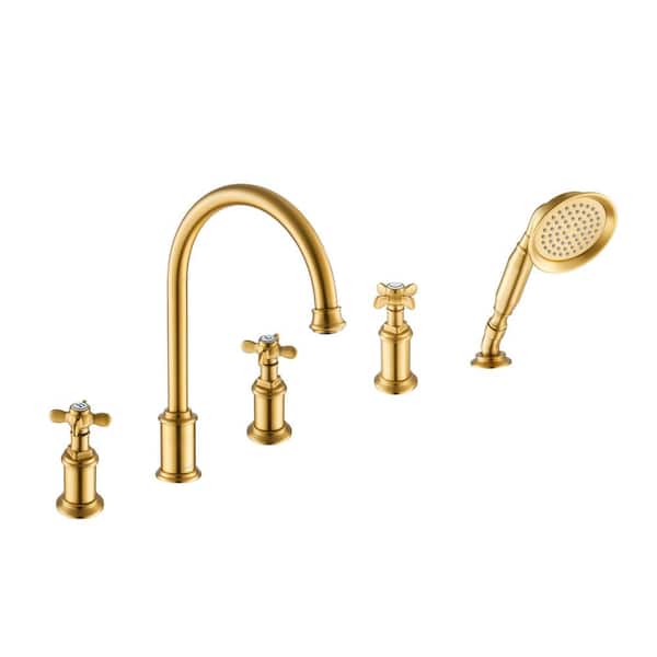 Classical Style 3-Handle Deck-Mount Roman Tub Faucet with Hand Shower in Brushed Gold