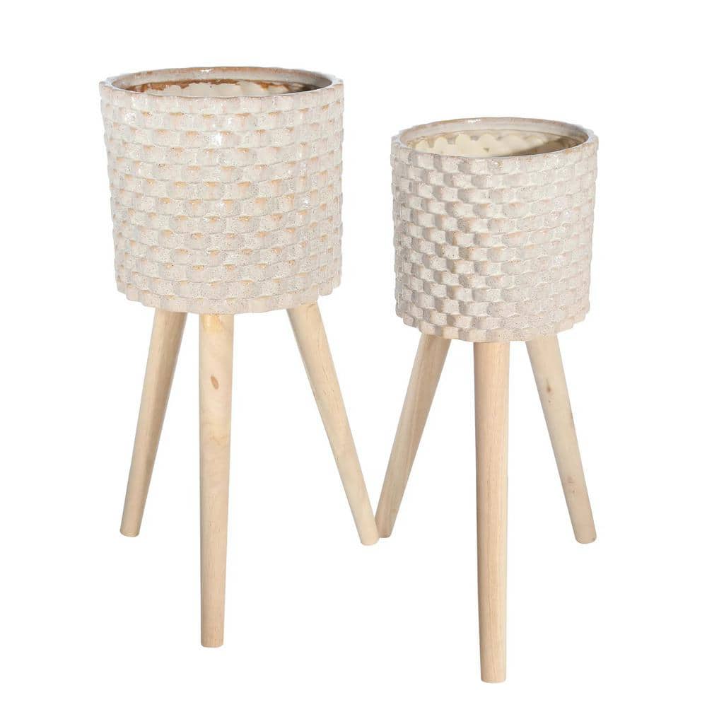 Wooden Textured Ceramic Planter with Tripod Legs, Set of 2, Cream and Brown