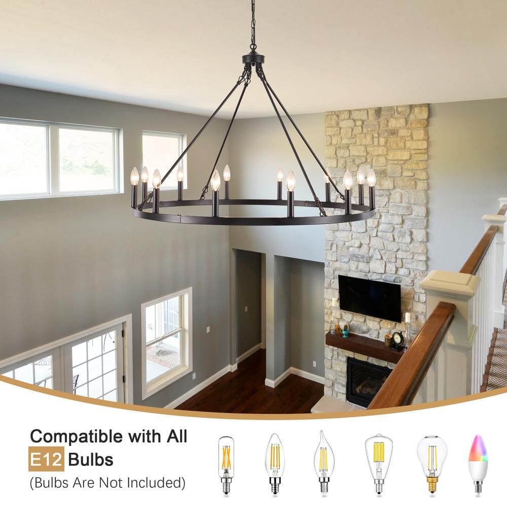 Matte Black 12-Light Candle Wagon Wheel Chandelier