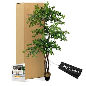 Handmade 6 .5 ft. Artificial 3-Tier Black Olive Tree in Home Basics Plastic Pot Made with Real Wood and Moss Accents