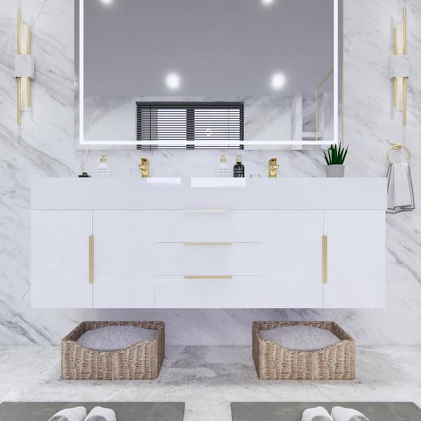 Bethany 59 in. W. x 20 in. D x 22 in. H Double Sink Floating Bath Vanity in High Gloss White with White Acrylic Top