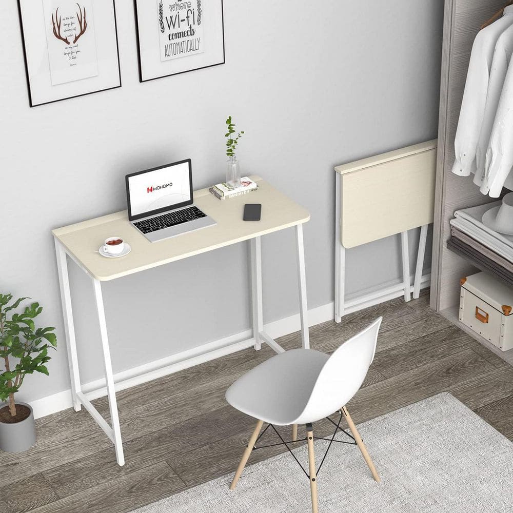 31.5 in. x 15.7 in. x 29.52 in. Beige Wood Small Foldable Desk, Space Savin