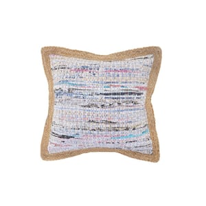Bohemian White / Multi-Color Abstract Chindi Jute Border Poly-Fill 20 in. x 20 in. Indoor Throw Pillow