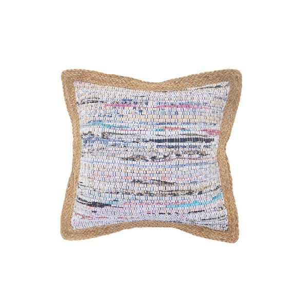 Unbranded Bohemian White / Multi-Color Abstract Chindi Jute Border Poly-Fill 20 in. x 20 in. Indoor Throw Pillow
