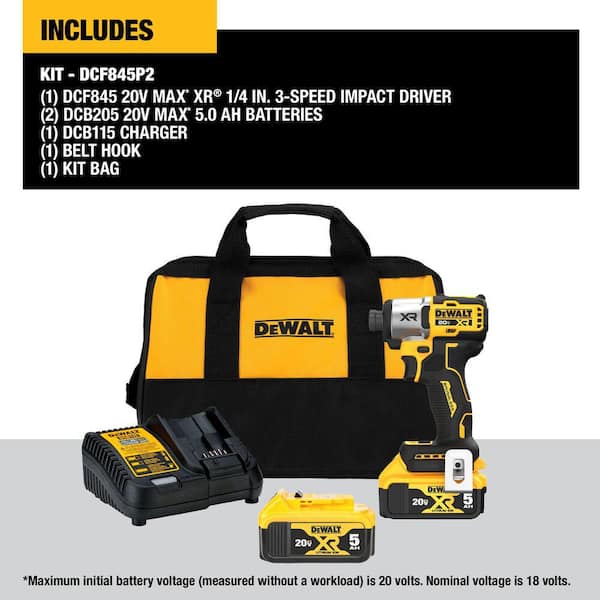 DEWALT DCF845P2 20-Volt MAX XR Lithium-Ion Cordless Brushless 1/4 in. 3-Speed Impact Driver Kit with (2) 5.0 Ah Batteries, Charger & Bag - 2