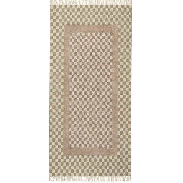 Carmeon Hamilton x Rugs Memphis Modern Checkered Hand Woven Green/Grey 3 ft. x 8 ft. Indoor Runner Rug