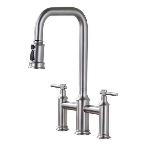 Brass Double Handle Bridge Kitchen Faucet with 3-Mode Pull-Down Sprayer and 1 or 3-Hole Install in Brushed Nickel