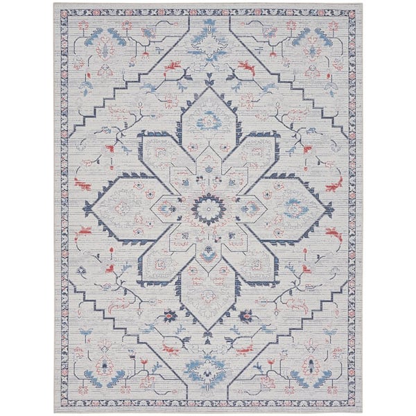 57 Grand Machine Washable Ivory Blue 9 ft. x 12 ft. Center Medallion Contemporary Area Rug