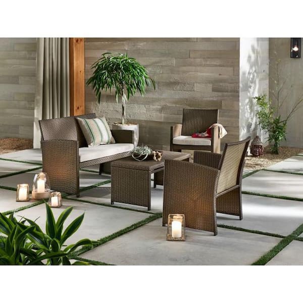 StyleWell Park Trail Brown 4-Piece Wicker Patio Conversation Set with Light Brown Cushions