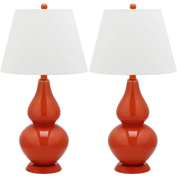 SAFAVIEH Cybil 26.5 in. Blood Orange Double Gourd Glass Table Lamp with Off-White Shade (Set of 2)
