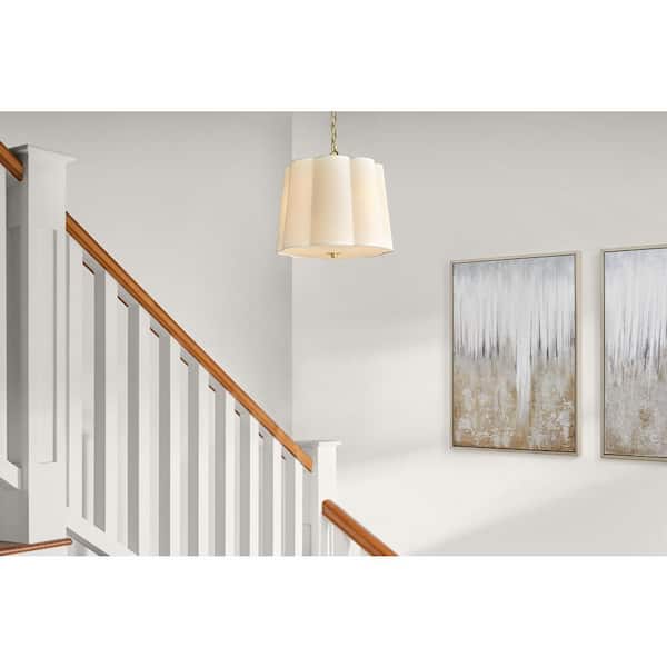 Closs 60-Watt 3-Light Brushed Gold Shaded Pendant Light with White Scalloped Fabric Shade, No Bulbs Included