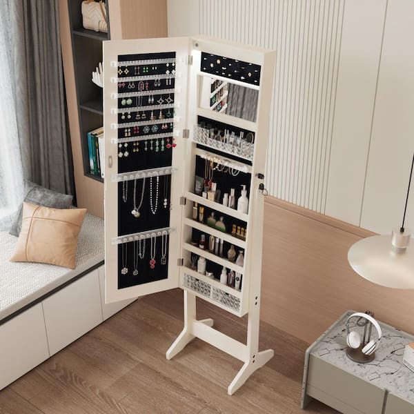 White 16.1 in. W x 63.5 in. H Wood Full-Length Mirror Jewelry Cabinet with Lockable Storage for Dressing Areas