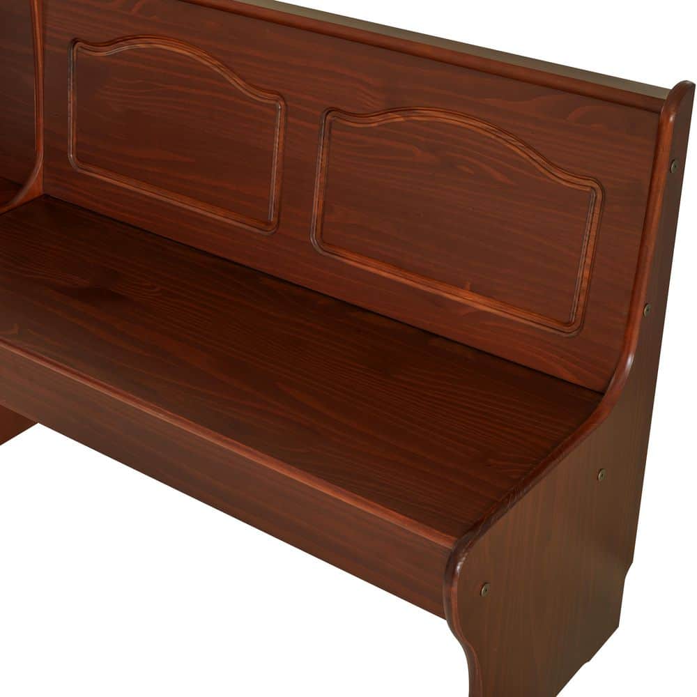 Close-up of the wooden frame and upholstery of the dining bench.
