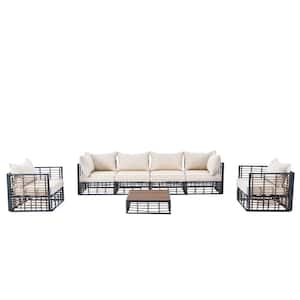 7 Pieces Dark Gray Frame Metal Patio Conversation Seating Set Sectional Sofa Set with Beige Cushions and Coffee Table