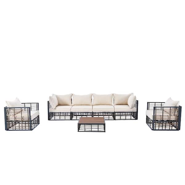 Unbranded 7 Pieces Dark Gray Frame Metal Patio Conversation Seating Set Sectional Sofa Set with Beige Cushions and Coffee Table
