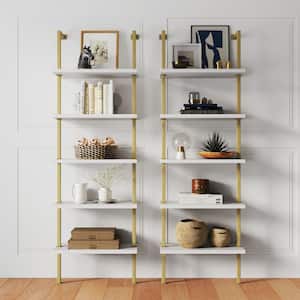 Theo White 5-Shelf Ladder Bookcase or Bookshelf with Gold Metal Frame (Set of 2)