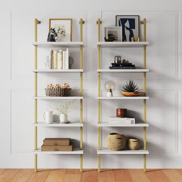Nathan James Theo White 5-Shelf Ladder Bookcase or Bookshelf with Gold Metal Frame (Set of 2)