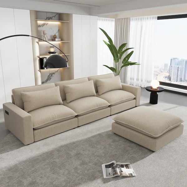 Harper & Bright Designs 128 in. L Shaped Chenille Upholstered Sectional Sofa in Beige with Ottoman, Charging Ports and Back Pillows