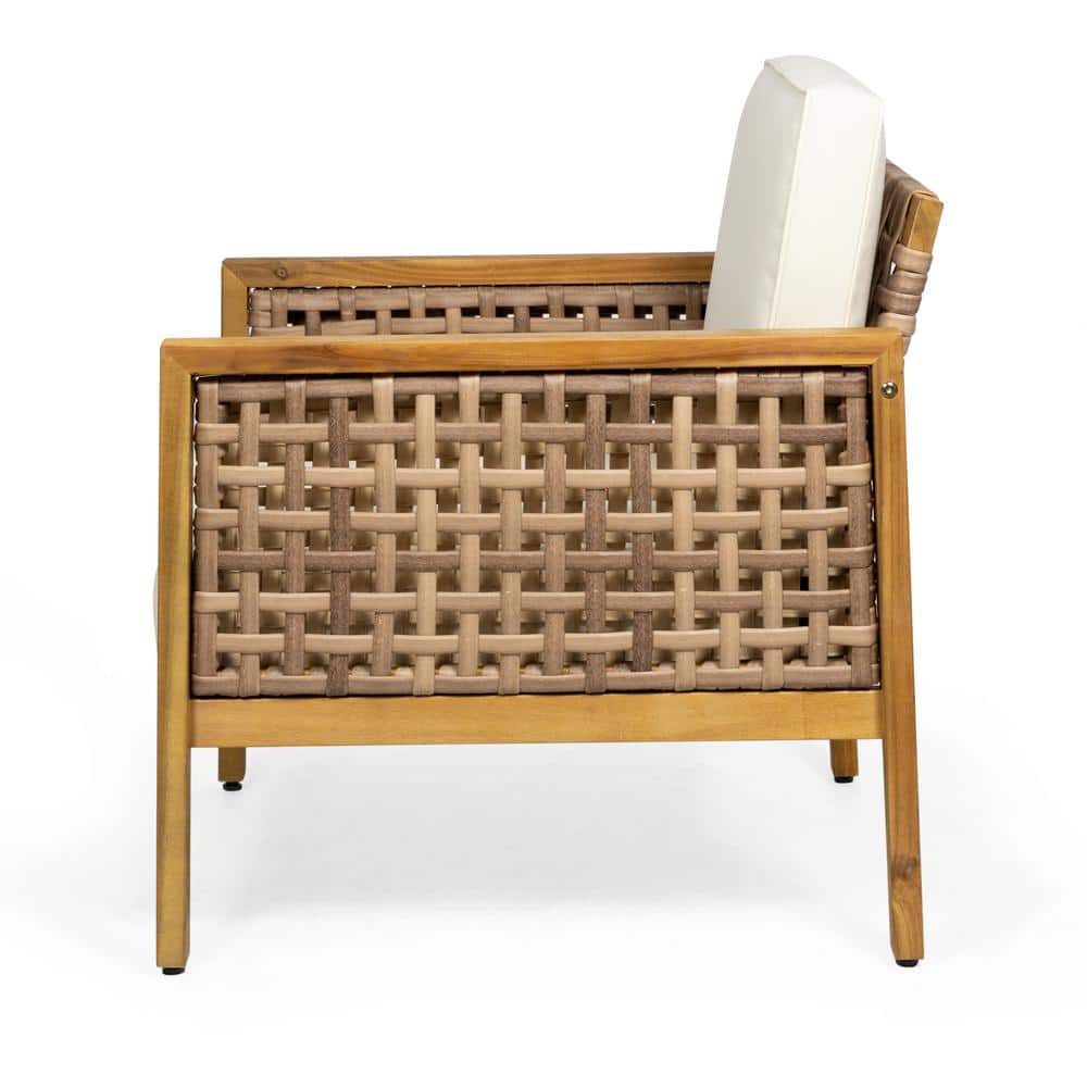 Teak Faux Rattan Club Armchair with Beige Cushions