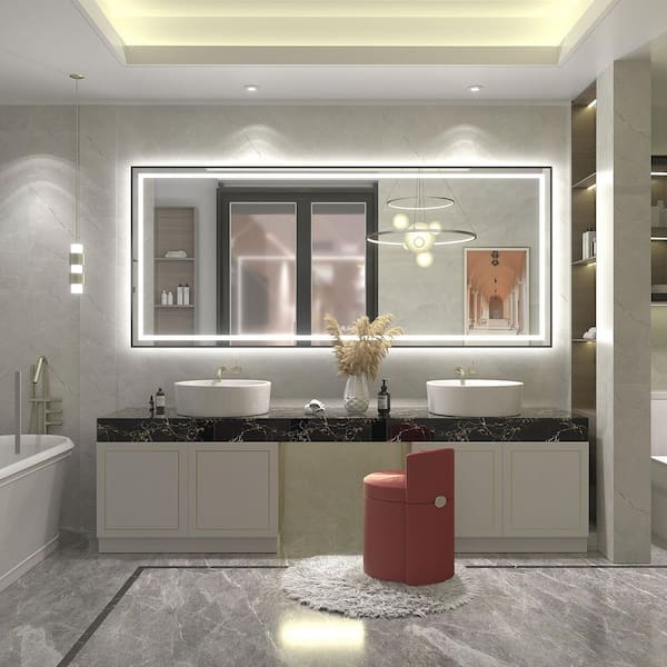 88 in. W x 38 in. H Rectangular Framed Front & Back LED Lighted Anti-Fog Wall Bathroom Vanity Mirror in Tempered Glass