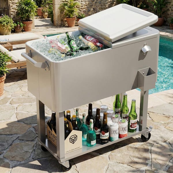 80 qt. Metal Outdoor Patio Cooler, Portable Party Bar Drink Cart on Wheels, Rolling Ice Chest with Shelf, Bottle Opener