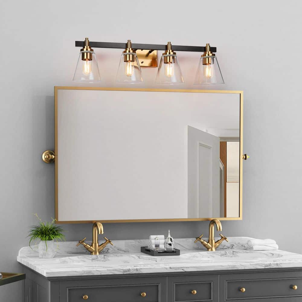 32 in. 4-Light Black and Plated Brass Vanity Light with Tapered Glass Shades for Powder Room, Bathroom, Kitchen Sink price history on PriceWatchPro