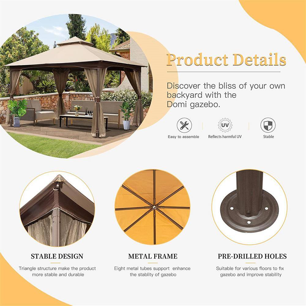 10' x 13' Beige Metal Frame Double Roof Patio Gazebo