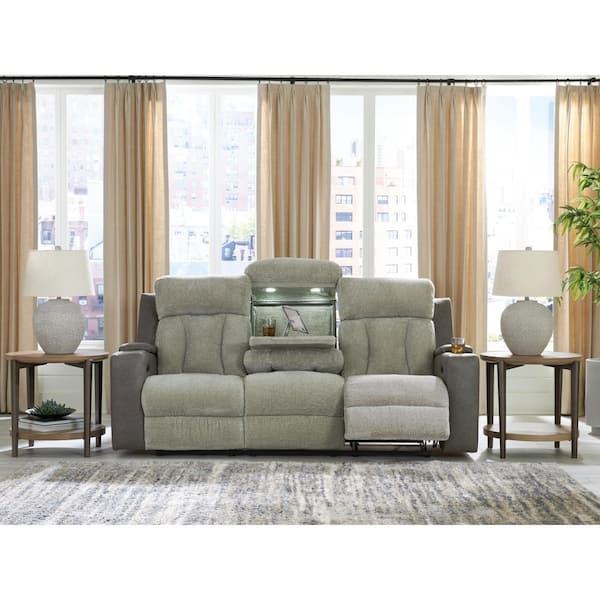 Point Clear 87 in. Square Arm Polyester Rectangle Power Reclining Sofa with USB Port and Cup Holder in Gray