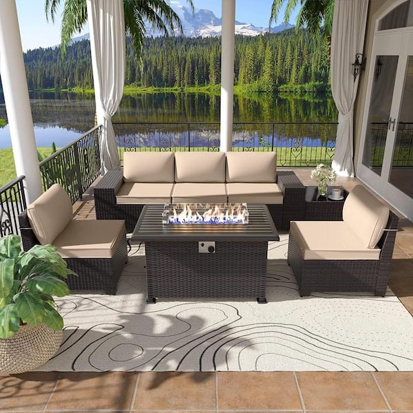 Halmuz 7-Piece Wicker Patio Conversation Set with 55000 BTU Gas Fire Pit Table and Glass Coffee Table and Sand Cushions