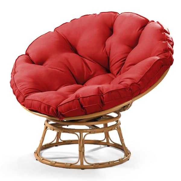 Unbranded Brown Yellow Wicker Outdoor Patio Papasan Lounge Chair with Red Polyester Cushion, 360° Swivel Base, Large Saucer