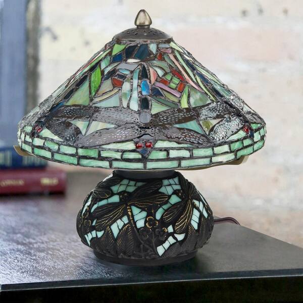 Tiffany Style Stained Glass Green Dragonfly Table Lamp outlets W/Illuminated Base New