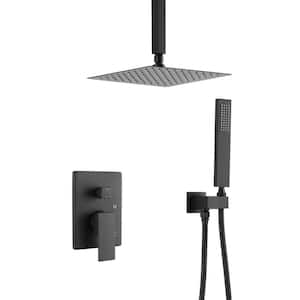 Hi-Q 1-Spray Patterns Pressure Balance Shower Faucets Set with 2.5 GPM 9.8 in. Ceiling Mount Dual Shower Heads in Black