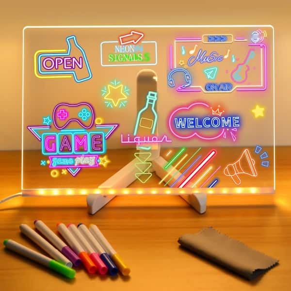 LED Note Board with Colors, Light Up Acrylic Message Board, Glowing Dry Erase Board with Stand, 7 Markers
