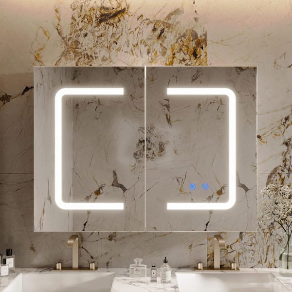 29.3 in. W x 21.7 in. H Rectangular Bathroom White Medicine Cabinet with Mirror Doors, Storage Shelf, Surface Mount