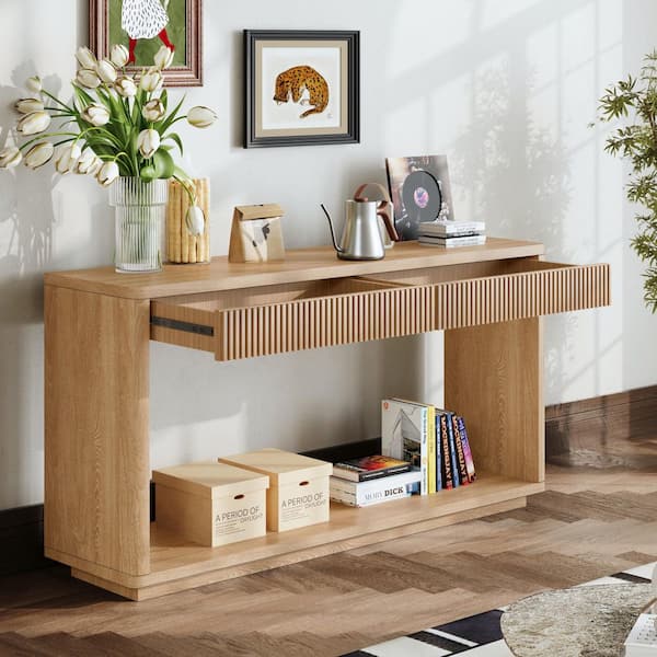Weyburn Modern 59.8 in. Fluted Natural Finish Rectangle MDF Console Table Entryway Table with Drawers