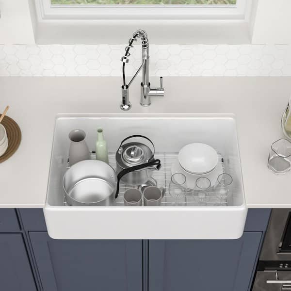 36 in. Fireclay Farmhouse Sink Single Bowl Glossy White Kitchen Sink with Bottom Grid