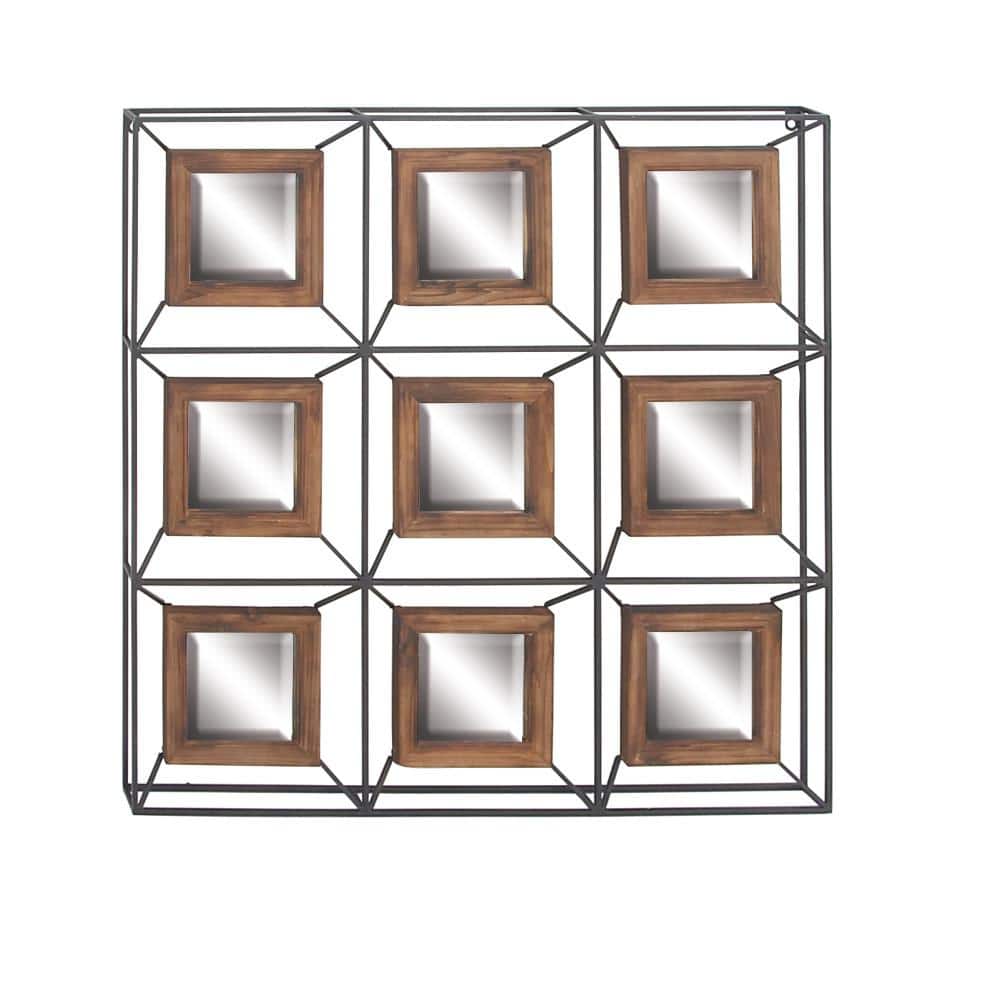 Square Wood and Iron Grid Wall Mirror
