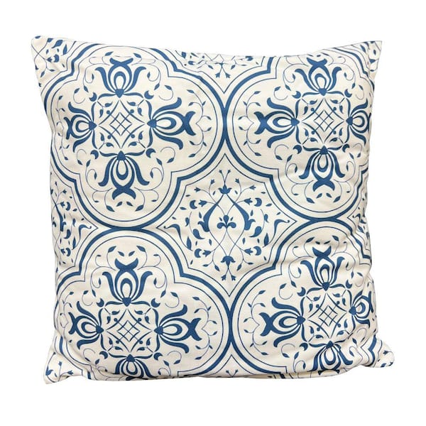 18 x 18 Square Accent Throw Pillow, Damask Print, Soft Polyester Filler, Cream, Blue