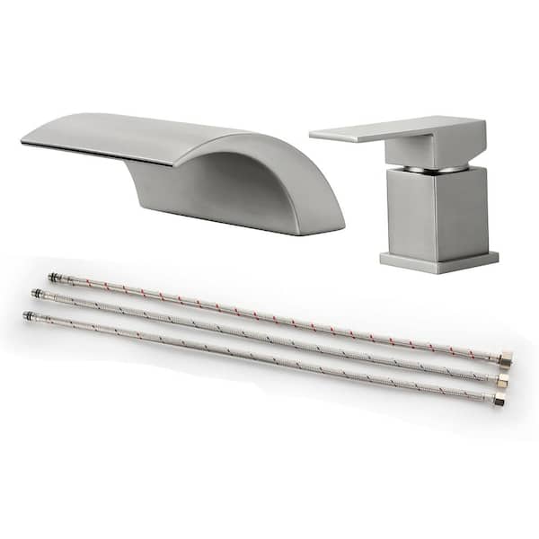 AIMADI Single-Handle Waterfall Deck-Mount Roman Tub Faucet with 2-Hole Brass Tub Fillers in Brushed Nickel